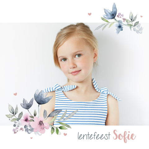 Lentefeest uitnodiging meisje met bloemen en foto