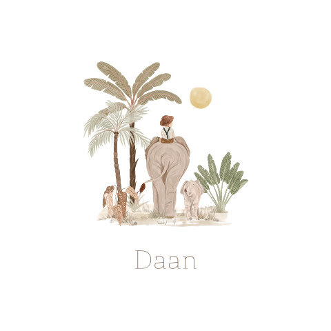 Geboortekaartje jongen met met olifant en palmbomen