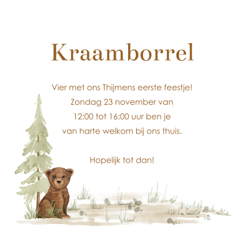 Kraamborrelkaartje met beertje in het bos