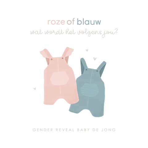 Gender reveal uitnodiging met roze en blauw kleertjes