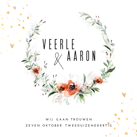 Romantische trouwkaart met bloemenkrans in herfsttinten