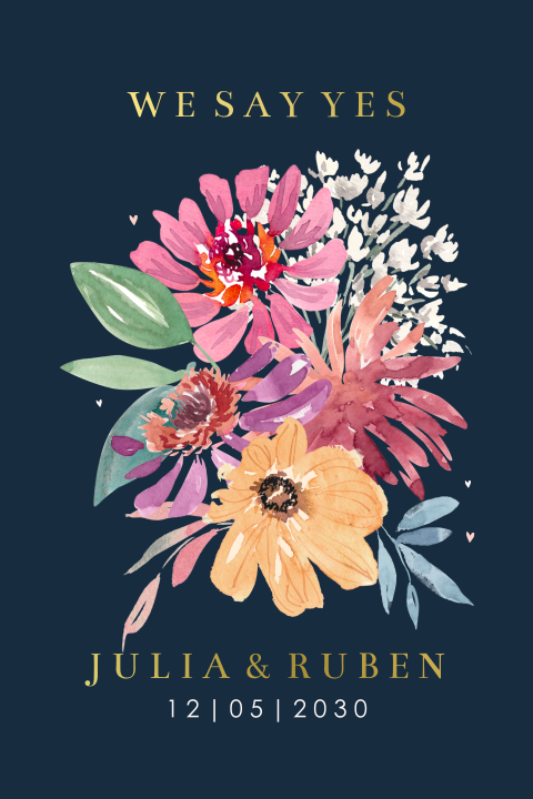 Stijlvolle trouwkaart met bloemen en goudfolie