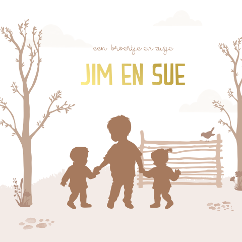 Lief geboortekaartje voor een tweeling met silhouetjes en goudfolie