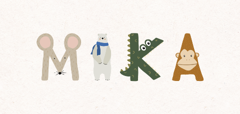 Vrolijk geboortekaartje met dieren letters