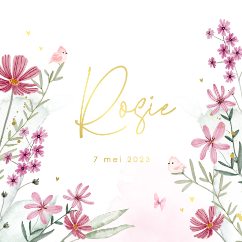 Stijlvol geboortekaartje meisje met bloemen, vogeltjes en goudfolie