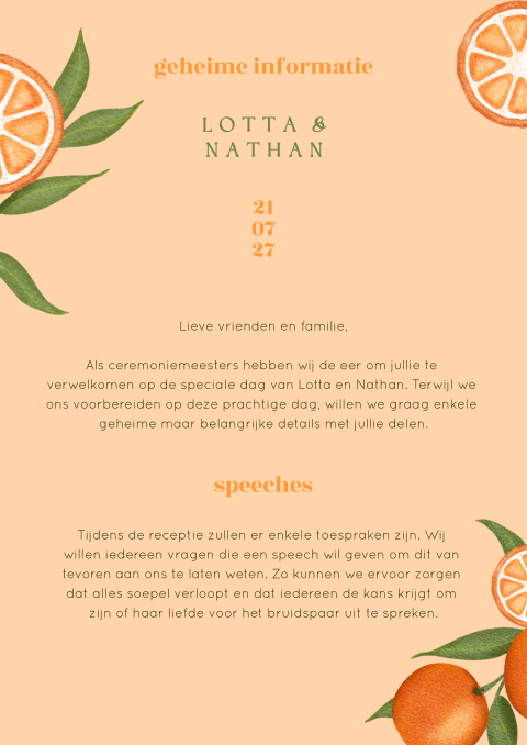 Ceremoniemeesterbrief met sinaasappels