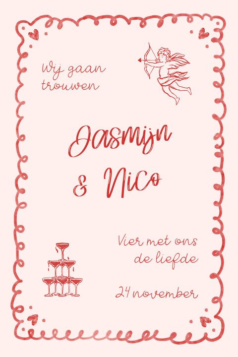 Trouwkaart roze met romantische illustraties