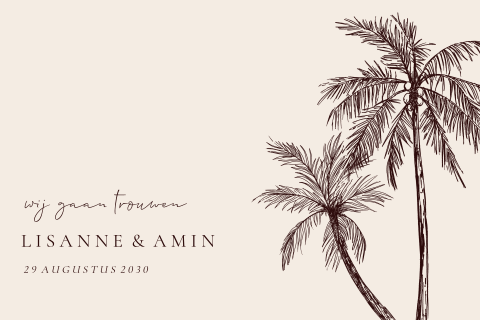Trouwkaart strandbruiloft met illustratie palmbomen