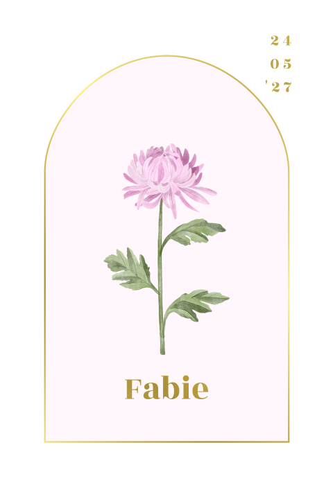 Geboortekaartje meisje met roze chrysant en goudfolie