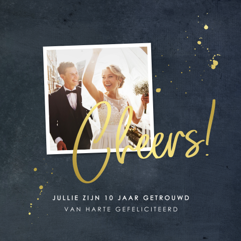 Foliedruk wenskaart huwelijksjubileum met foto en verfspetters