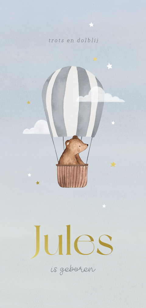 Geboortekaartje voor jongen met luchtballon en lief beertje