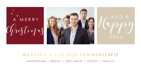 Moderne zakelijke kerstkaart met foto en goudfolie tekst