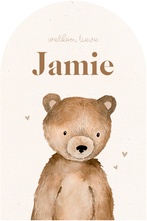 Geboortekaartje in boogvorm met schattig beertje en hartjes