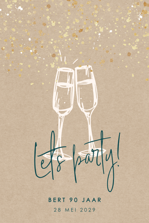 Verjaardag uitnodiging 90 met champagneglazen en gouden confetti