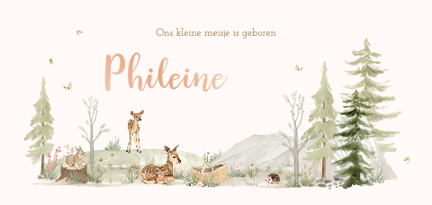 Lief geboortekaartje met bosdieren bij babymandje