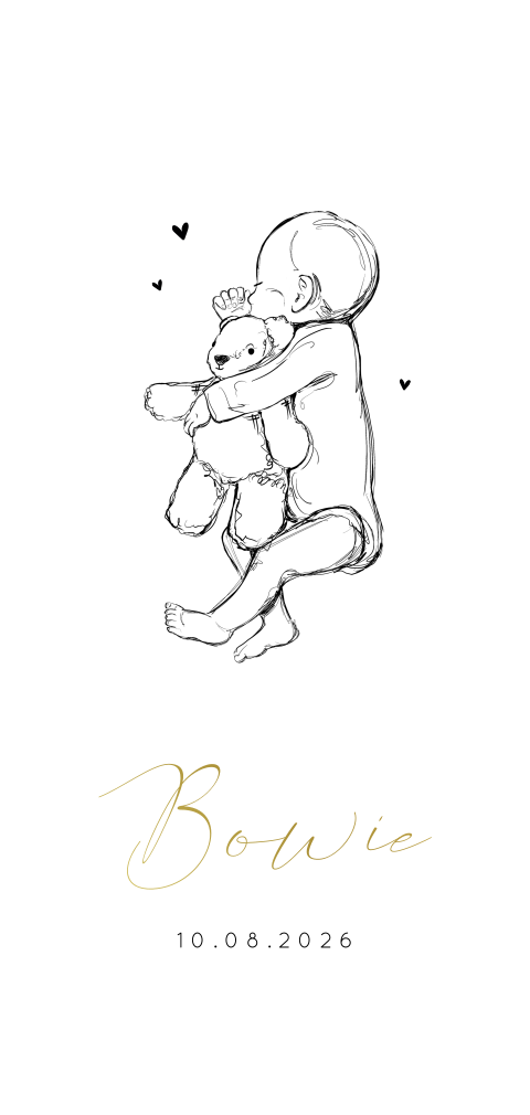Klassiek geboortekaartje met illustratie van baby en goudfolie