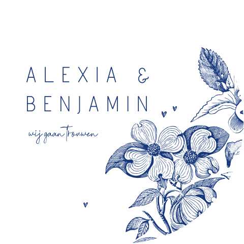Stijlvolle ronde trouwkaart met Delfts blauwe bloemen