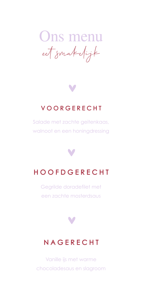 Menukaart bruiloft langwerpig met rood en lila typografie