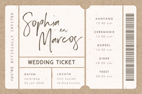 Vintage uitnodiging bruiloft wedding ticket