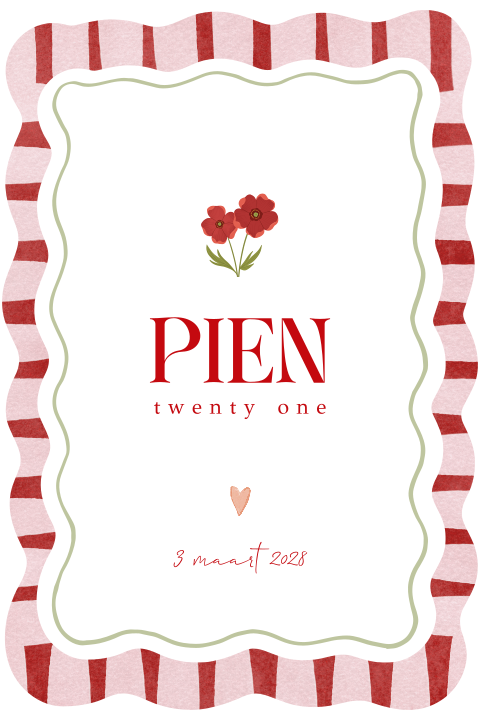 Uitnodiging verjaardag 21 diner in poppy stijl en originele vorm