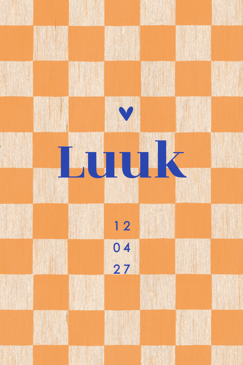 Geboortekaartje van hout geblokt met oranje colorblocking
