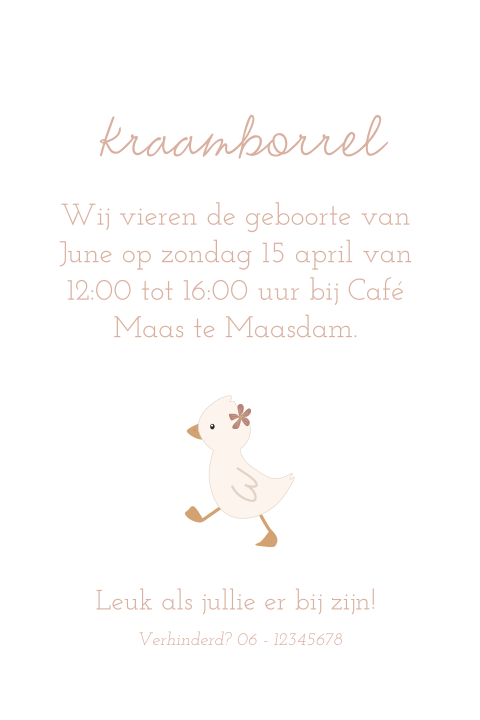 Lief kraamborrelkaartje voor meisje met eendje