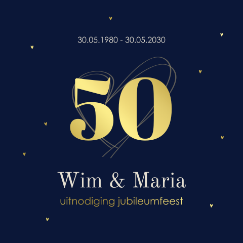 Uitnodiging goudfolie 50 jaar getrouwd hartjes