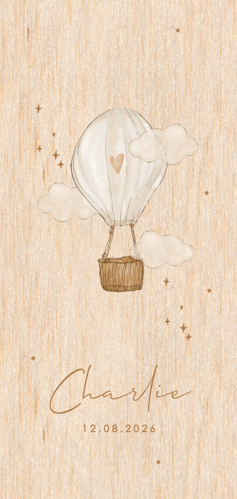 Geboortekaartje van hout met luchtballon