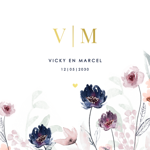 Floral trouwkaart met monogram en goudfolie