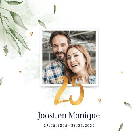 Botanische uitnodiging huwelijksjubileum met foto en gouden 25