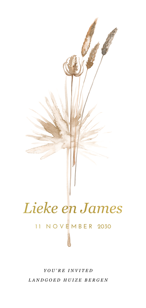 Vintage goudfolie trouwkaart met pampasgras en droogbloemen