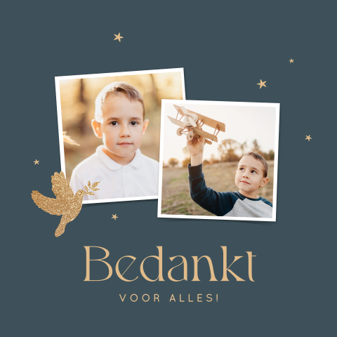 Bedankkaart met gouden duif en foto's