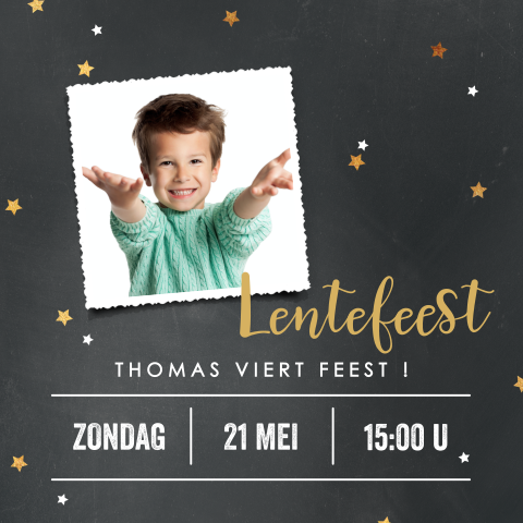 Lentefeest uitnodiging met gouden details en foto