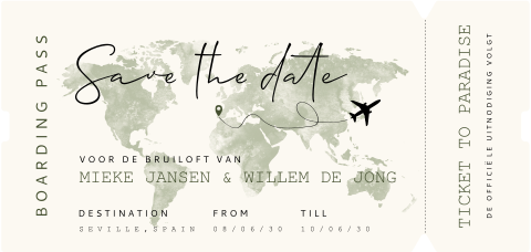 Save the date in vorm van boarding pass voor een buitenlandse bruiloft