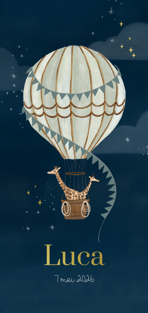 Bijzonder geboortekaartje voor een jongen met luchtballon en giraffen