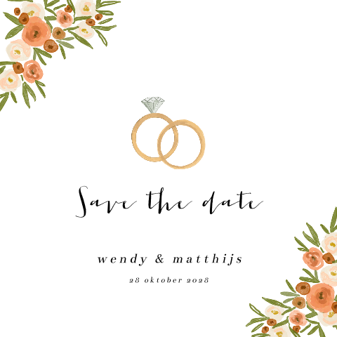Save the date kaart in herfstkleuren met illustratie bloemen en trouwringen