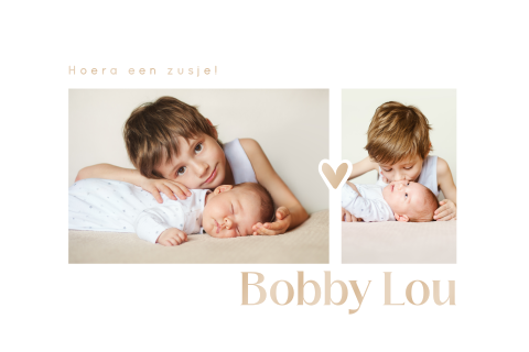 Geboortekaartje dubbel voor zusje met foto en hoogglans naam
