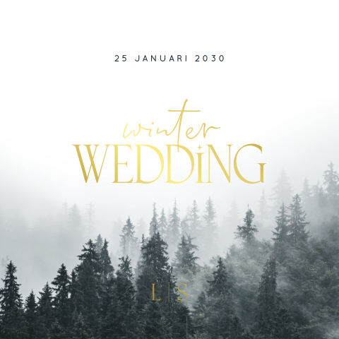 Winterwedding trouwkaart bos met goudfolie