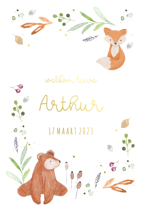 Lief geboortekaartje jongen met bos dieren
