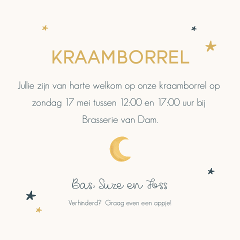 Kraamborrelkaartje met sterren en maantje