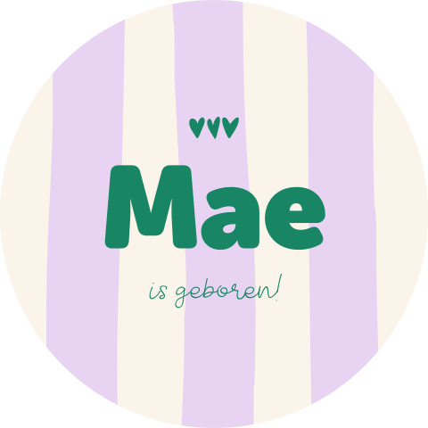 Raamsticker met lila strepen en groene tekst en hartjes