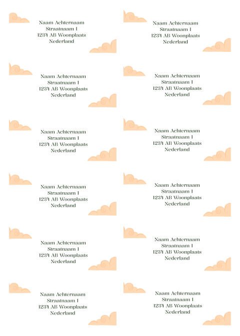 Adresstickers voor geboortekaartje met oranje wolken