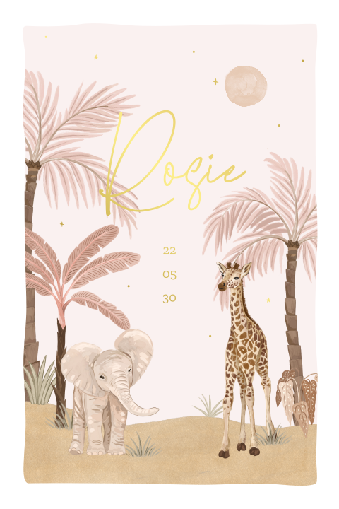 Geboortekaartje met giraffe, olifant en naam in goudfolie