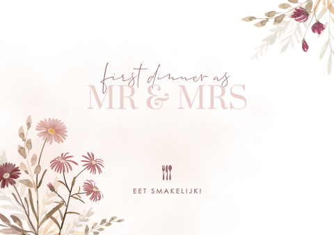Placemat bruiloft met bloemen en roze water color
