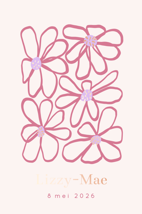 Uniek geboortekaartje meisje met abstracte bloemen en roséfolie