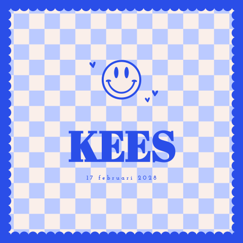 Geboortekaartje trendy blauw ruitenpatroon met smiley