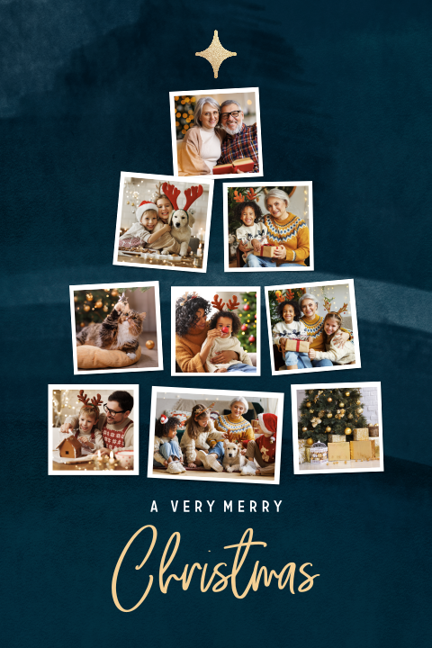 Originele kerstkaart met fotocollage in vorm van kerstboom
