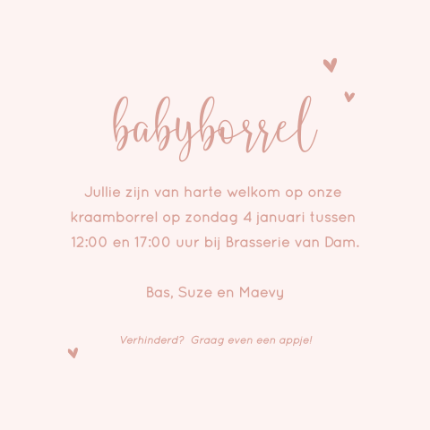 Kraamborrelkaartje in roze tinten met hartjes
