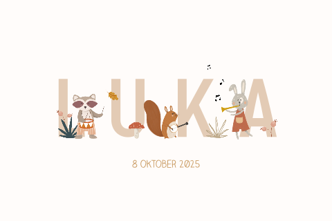 Geboortekaartje vrolijke herfst dieren met muziekinstrumenten