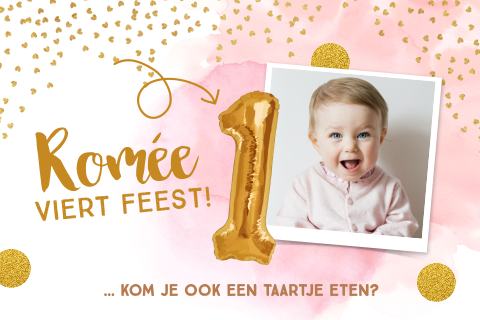 Toffe uitnodiging 1e verjaardag met roze en goud